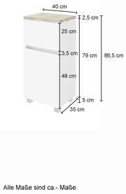 Weißer Unterschrank mit Holzplatte, Maße: 40 cm Breite, 35 cm Tiefe, 86,5 cm Höhe, seitliche Perspektive