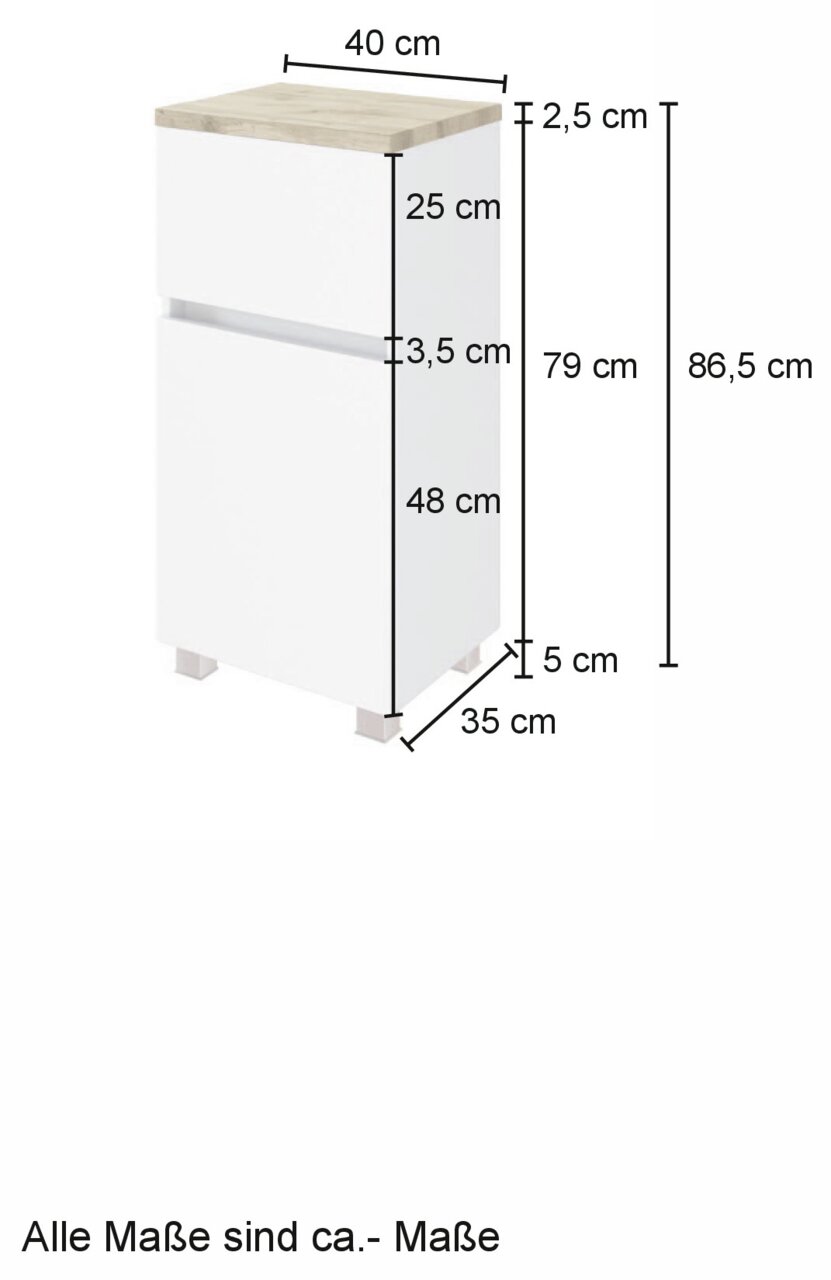 Witte onderkast met houten blad, afmetingen: 40 cm breed, 35 cm diep, 86,5 cm hoog, zijaanzicht