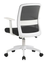 Moderner Drehstuhl mit schwarzem Netzrücken und weißem Rahmen, Rückansicht