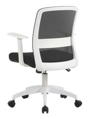 Moderner Drehstuhl mit schwarzem Netzrücken und weißem Rahmen, Rückansicht