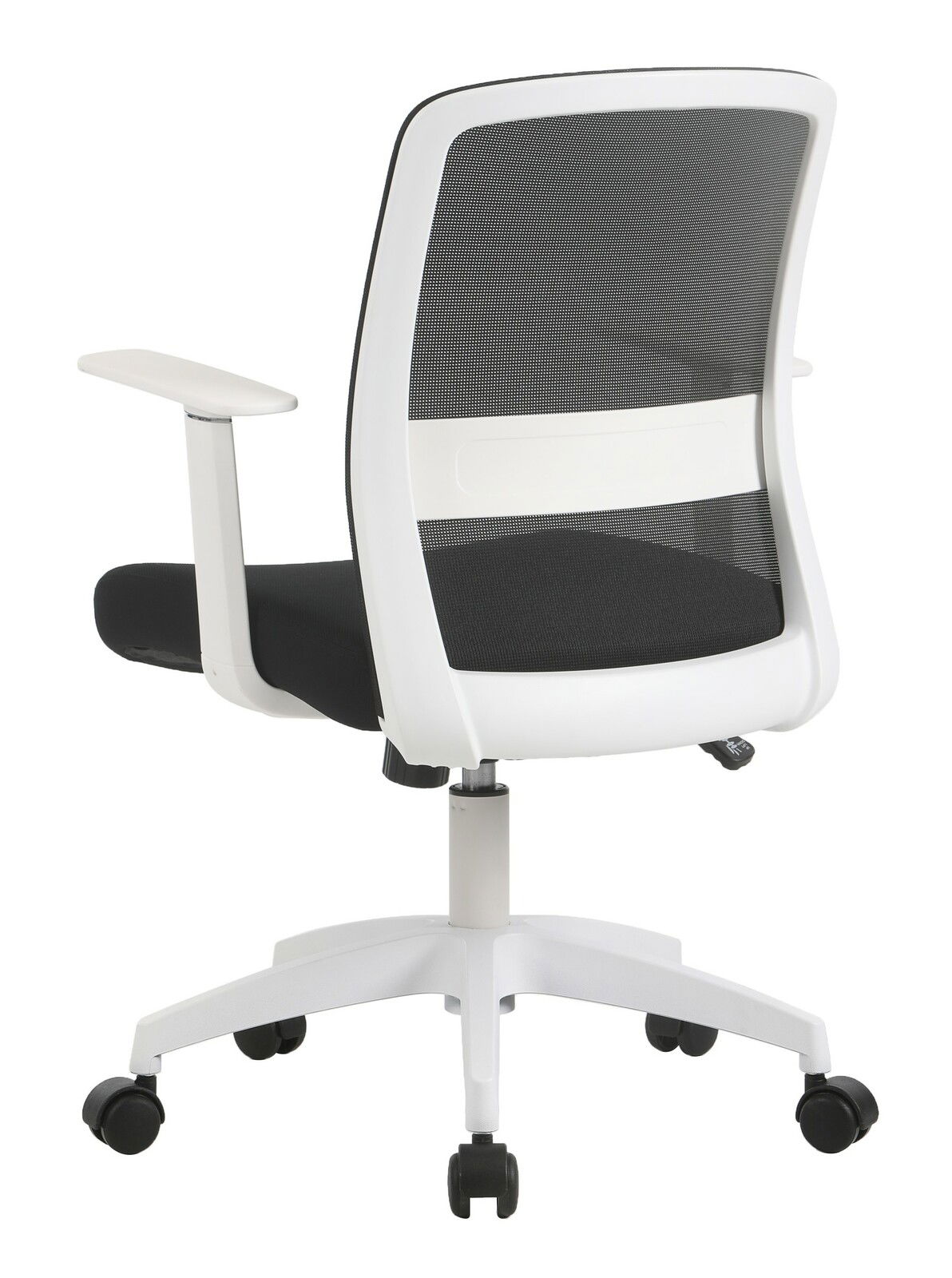 Moderner Drehstuhl mit schwarzem Netzrücken und weißem Rahmen, Rückansicht