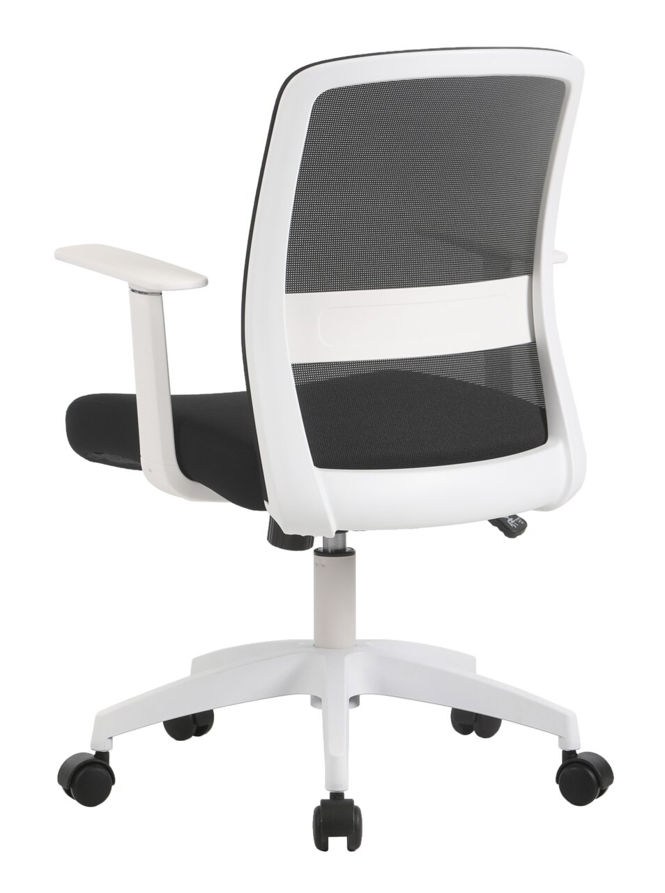 Moderner Drehstuhl mit schwarzem Netzrücken und weißem Rahmen, Rückansicht