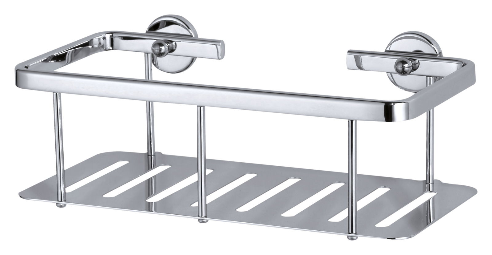 Tesa Duschablage ALUXX CHROME Chromfarbene Duschablage von tesa Aluxx, seitliche Perspektive, mit zwei runden Wandhalterungen und einem Gitterboden.