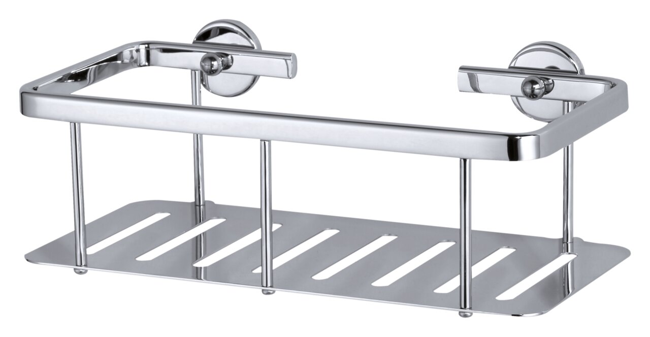 Tesa Duschablage ALUXX CHROME Chromfarbene Duschablage von tesa Aluxx, seitliche Perspektive, mit zwei runden Wandhalterungen und einem Gitterboden.