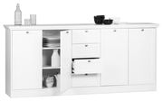 Weißes Sideboard mit mehreren Schubladen und Türen, teilweise geöffnet, gefüllt mit Geschirr, aus frontaler Perspektive.