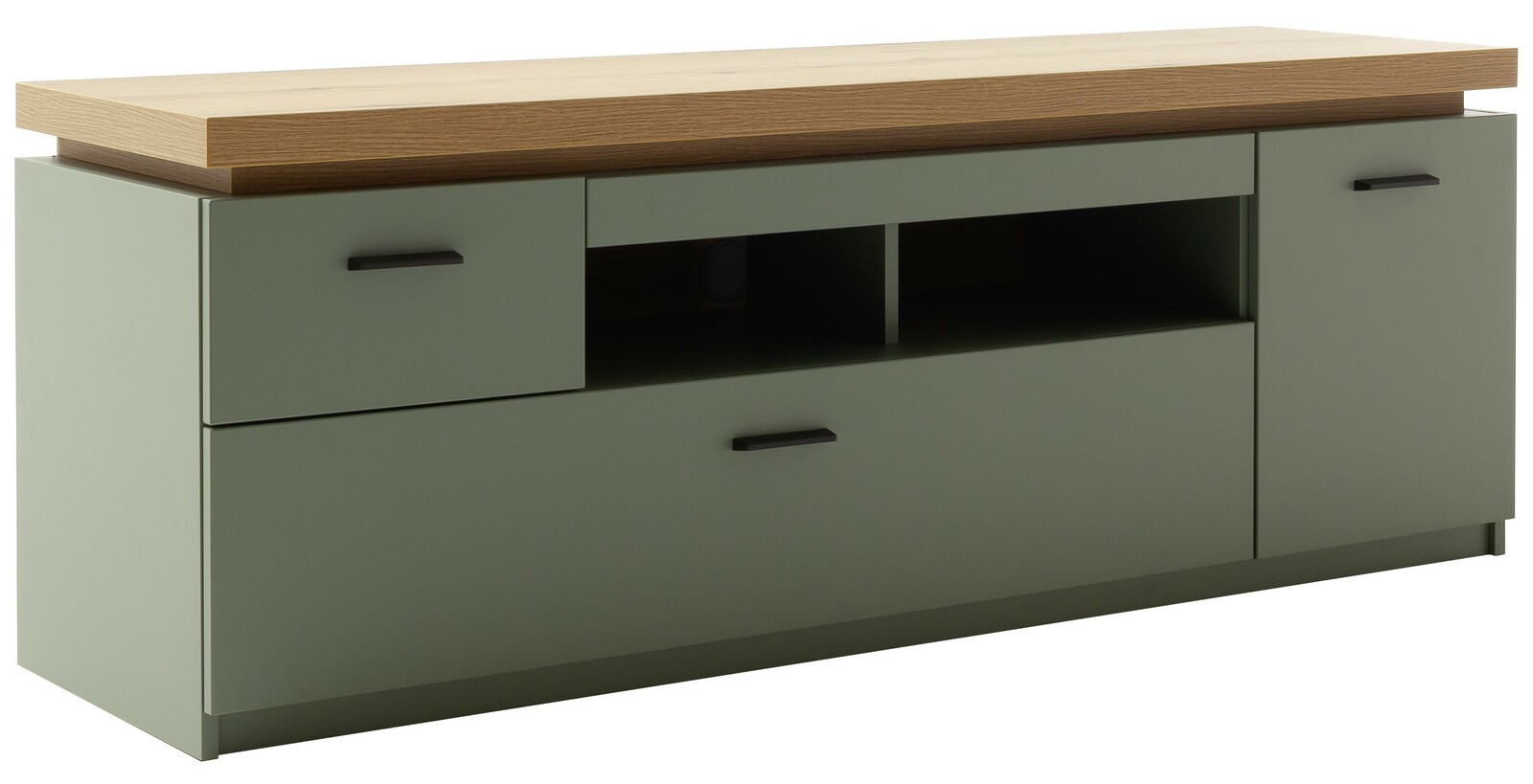 TV-Lowboard in modernem Design mit grünem Korpus und Holzplatte, seitliche Perspektive