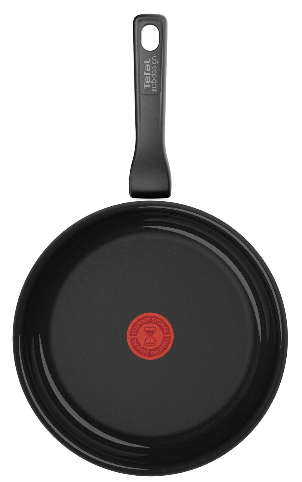 Keramik-Pfanne mit 24 cm Durchmesser, schwarze Oberfläche, rote Thermo-Signal-Markierung in der Mitte, Ansicht von oben