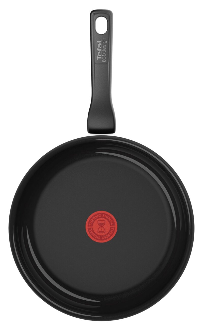 Keramische pan met een diameter van 24 cm, zwart oppervlak, rode thermische markering in het midden, bovenaanzicht