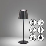 Schwarze Akku-Tischleuchte VILETTO mit modernem Design, seitliche Ansicht. Integrierte Symbole zeigen Funktionen: wiederaufladbar, Touch-Bedienung, 3,5 Stunden Leuchtdauer, USB-Anschluss und IP54 Schutzart.
