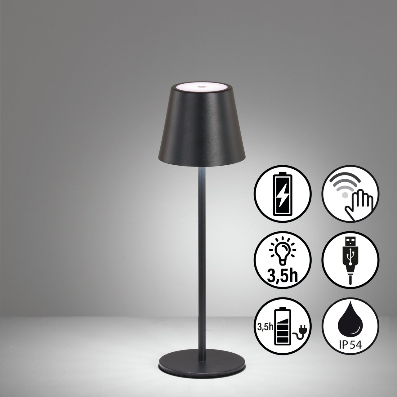 Schwarze Akku-Tischleuchte VILETTO mit modernem Design, seitliche Ansicht. Integrierte Symbole zeigen Funktionen: wiederaufladbar, Touch-Bedienung, 3,5 Stunden Leuchtdauer, USB-Anschluss und IP54 Schutzart.