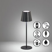 Schwarze Akku-Tischleuchte VILETTO mit modernem Design, seitliche Ansicht. Integrierte Symbole zeigen Funktionen: wiederaufladbar, Touch-Bedienung, 3,5 Stunden Leuchtdauer, USB-Anschluss und IP54 Schutzart.