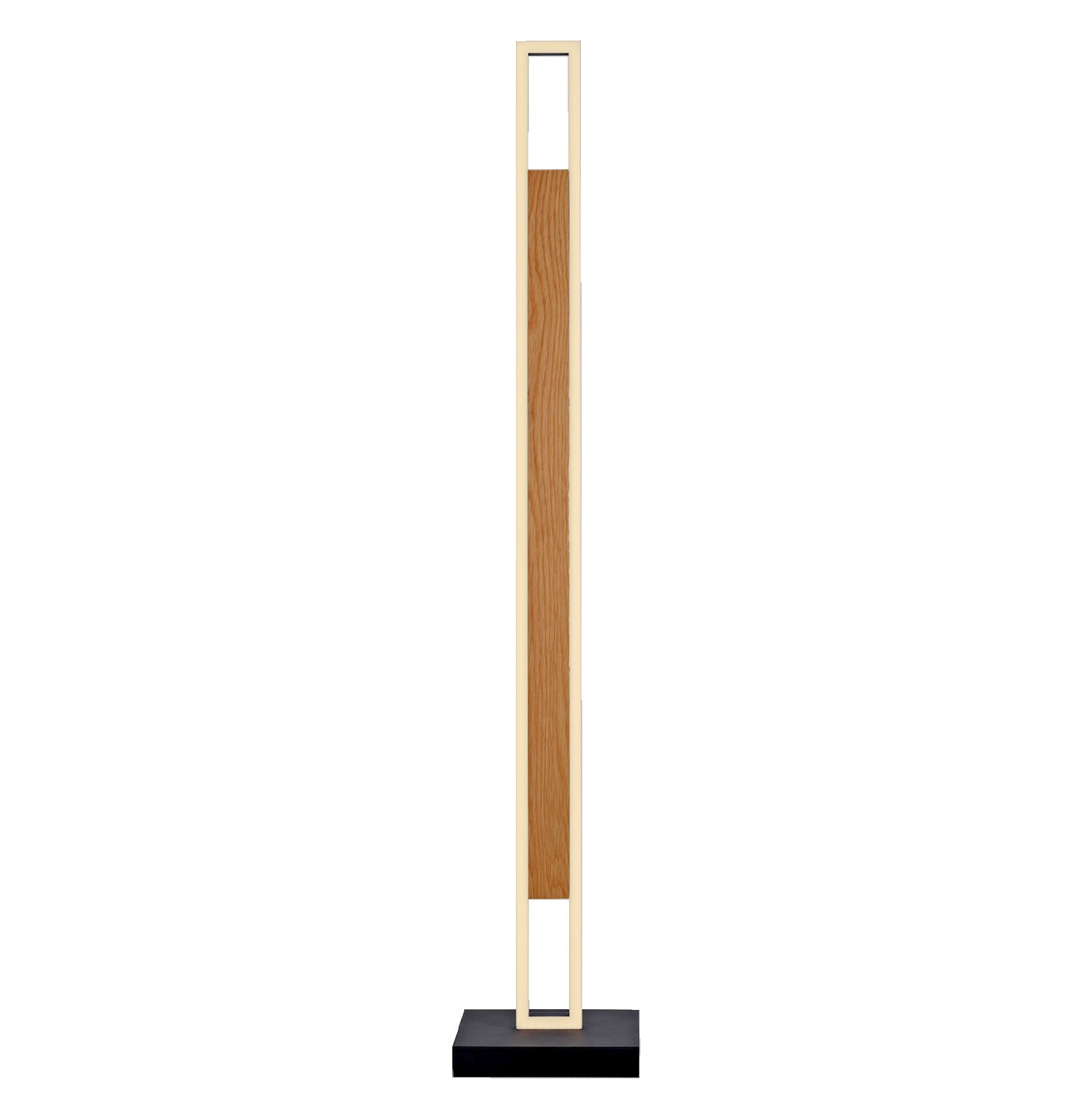 Vooraanzicht van een slanke moderne vloerlamp met warm verlicht rechthoekig frame, houten middenpaneel en zwarte voet