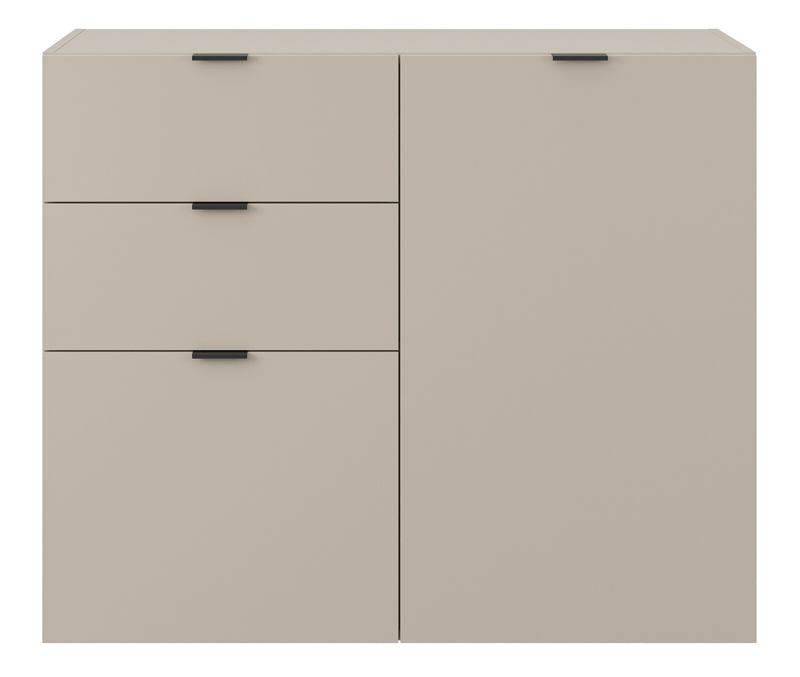 Frontale Ansicht einer modernen, beigen Kommode mit drei Schubladen auf der linken Seite und einer Tür auf der rechten Seite, ausgestattet mit schwarzen Griffen.