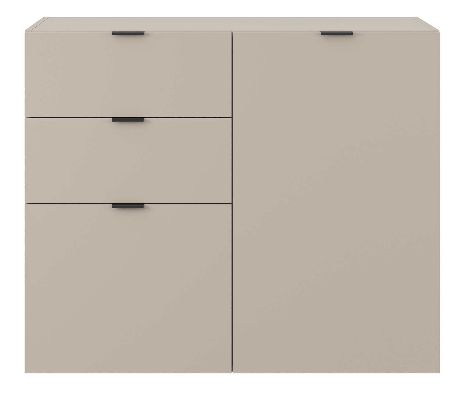 Frontale Ansicht einer modernen, beigen Kommode mit drei Schubladen auf der linken Seite und einer Tür auf der rechten Seite, ausgestattet mit schwarzen Griffen.