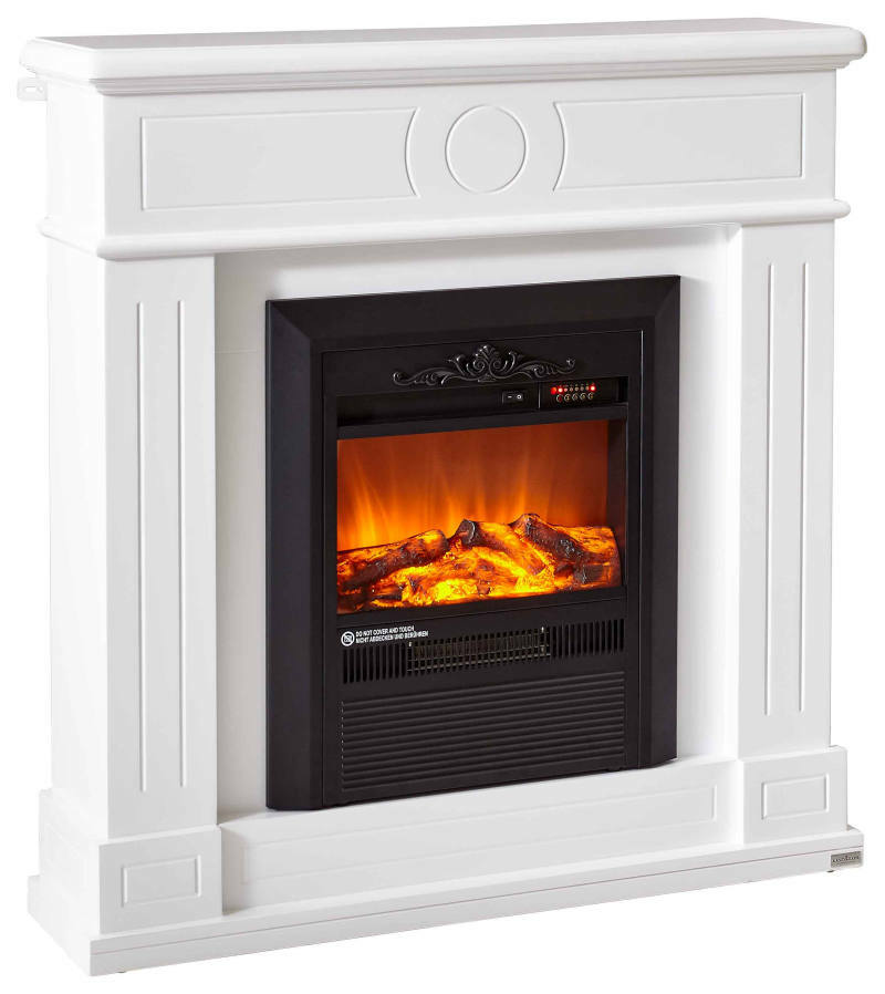 Weißer Elektrokamin mit schwarzem Einsatz und realistischem Flammeneffekt, Frontalansicht