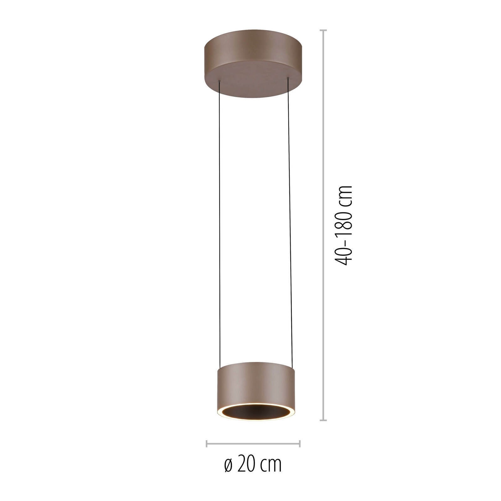 Moderne LED-Pendelleuchte in zylindrischer Form, hängend von der Decke, mit verstellbarer Höhe von 40 bis 180 cm, Durchmesser 20 cm, seitliche Perspektive.