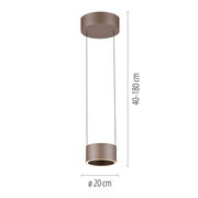 Moderne LED-Pendelleuchte in zylindrischer Form, hängend von der Decke, mit verstellbarer Höhe von 40 bis 180 cm, Durchmesser 20 cm, seitliche Perspektive.