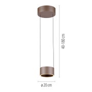 Moderne LED-Pendelleuchte in zylindrischer Form, hängend von der Decke, mit verstellbarer Höhe von 40 bis 180 cm, Durchmesser 20 cm, seitliche Perspektive.