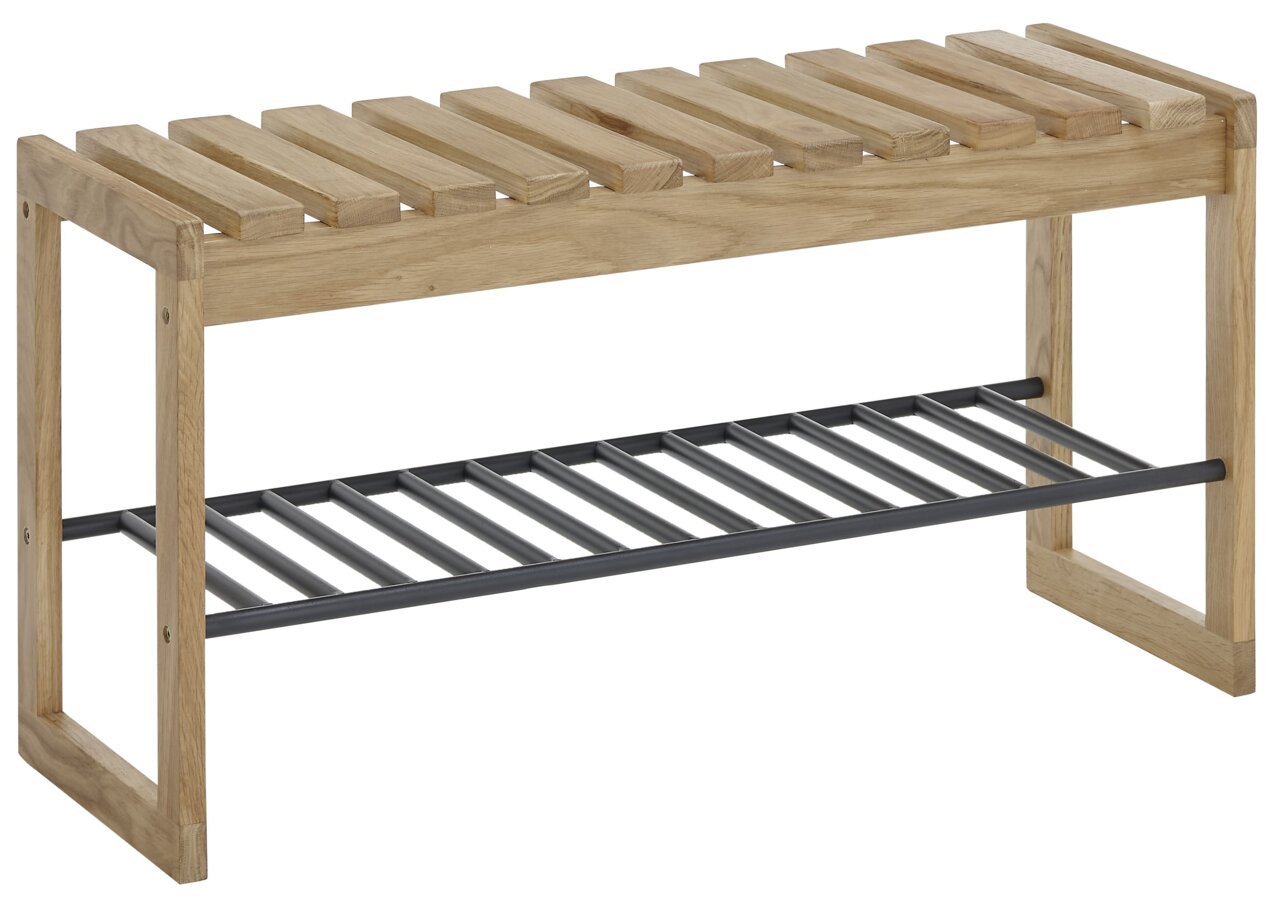 Linea Natura Garderobebank BANTRY Garderobenbank aus Holz mit Metallablage, seitliche Perspektive