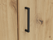 Nahaufnahme einer Holztür mit schwarzem Griff, Perspektive von vorne