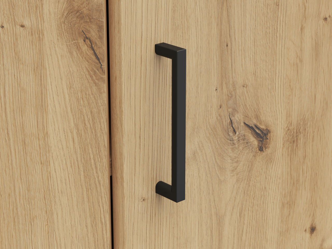 Nahaufnahme einer Holztür mit schwarzem Griff, Perspektive von vorne