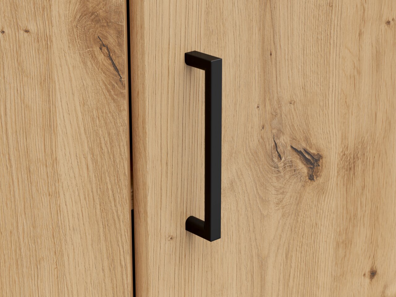 Nahaufnahme einer Holztür mit schwarzem Griff, Perspektive von vorne