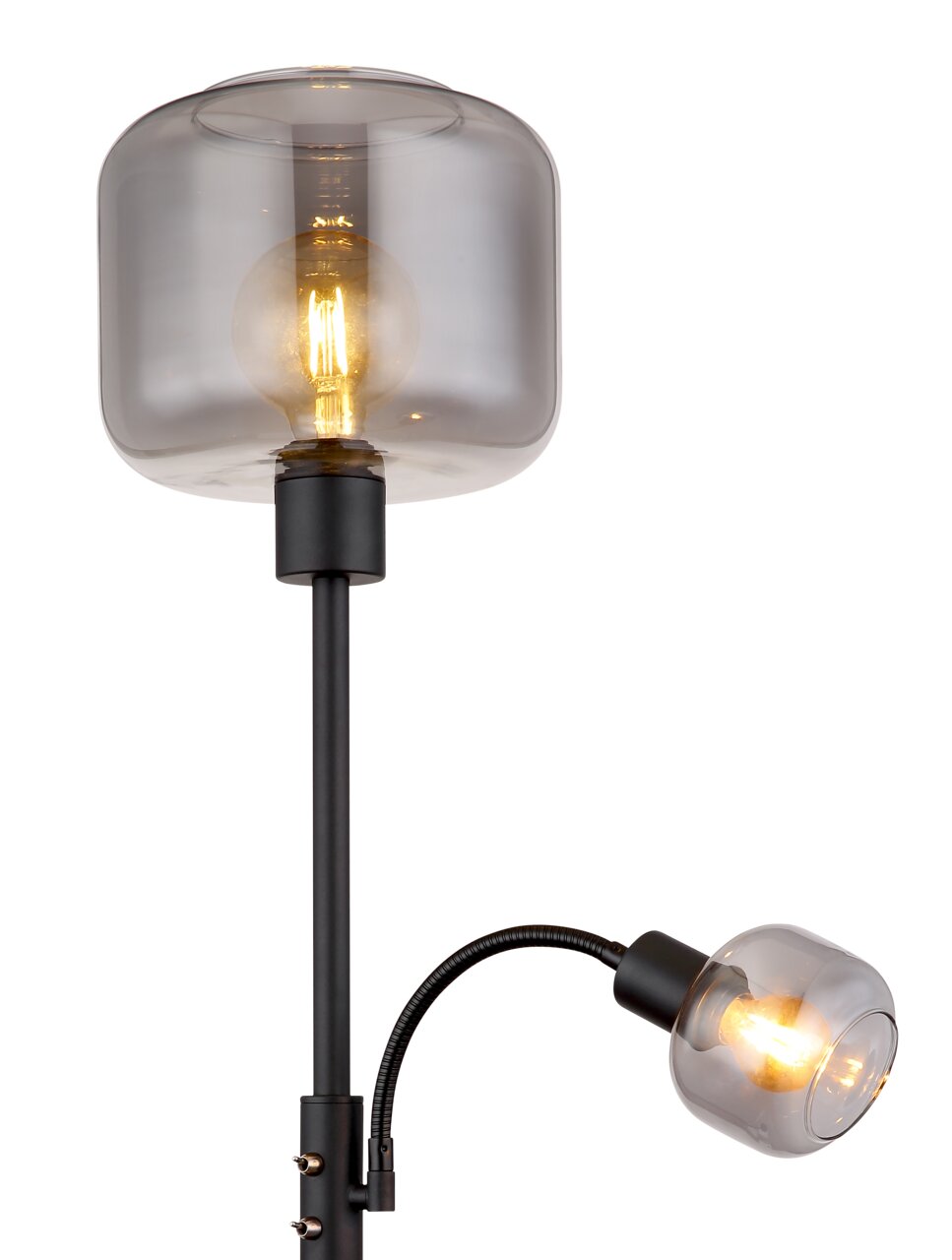 Moderne Stehleuchte mit zwei Leuchtkörpern aus Rauchglas, seitliche Perspektive