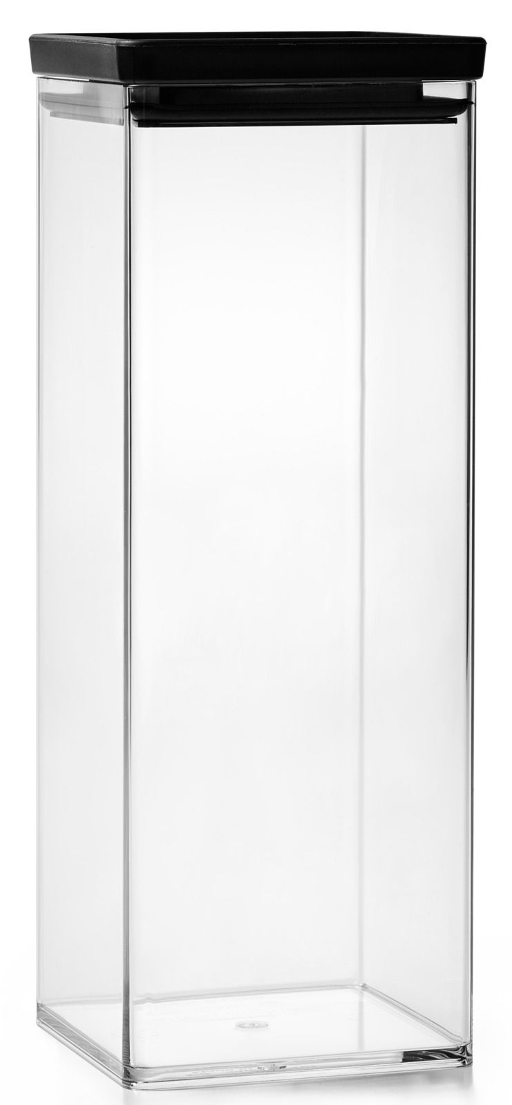 Transparente Vorratsdose mit schwarzem Deckel, seitliche Perspektive