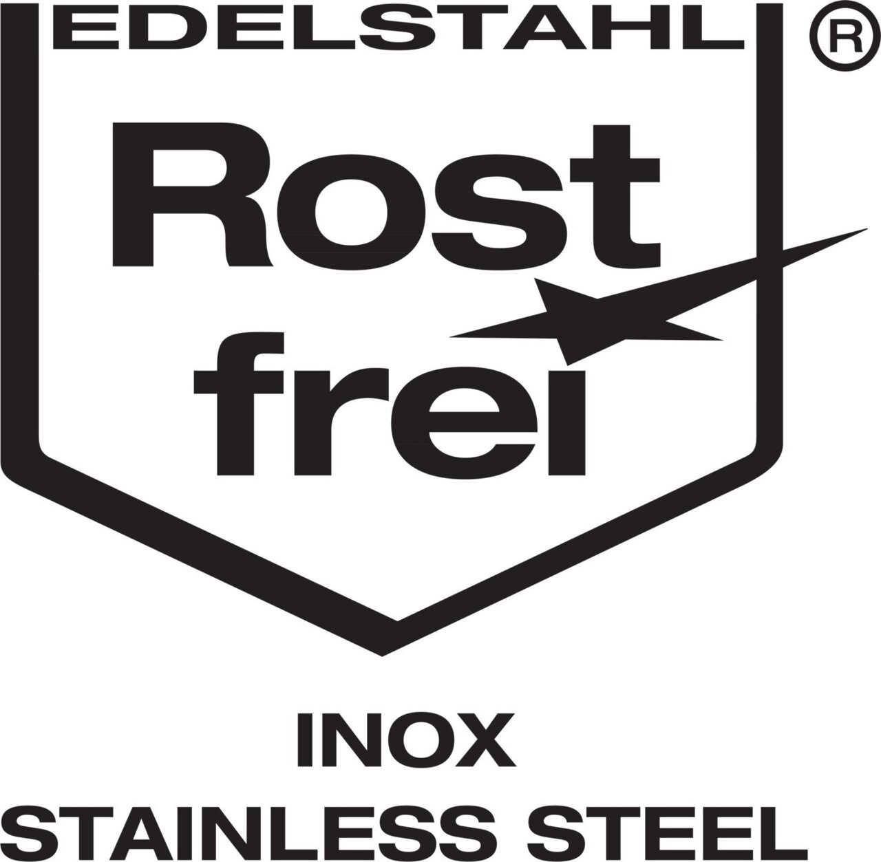 Logo mit der Aufschrift 'Edelstahl Rostfrei', 'Inox', 'Stainless Steel' in schwarzer Schrift auf weißem Hintergrund, frontal betrachtet.