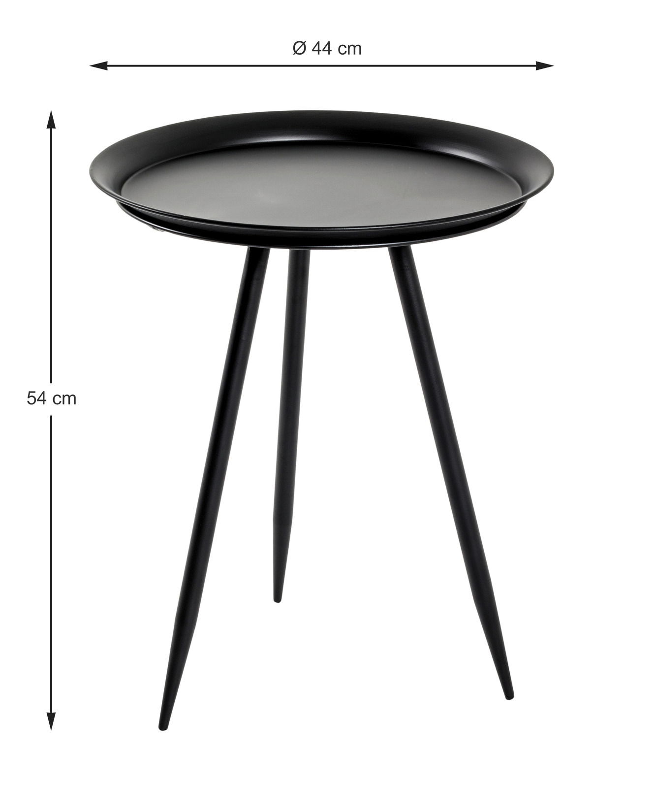 Schwarzer Beistelltisch mit runder Tischplatte und drei schlanken Beinen, seitliche Perspektive