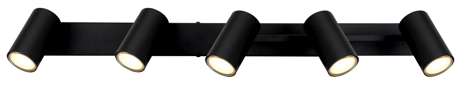 Moderner schwarzer Strahler mit vier verstellbaren Leuchten, seitliche Perspektive