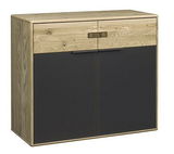 Moderne Kommode mit Holzoptik und dunklen Türen, frontal abgebildet