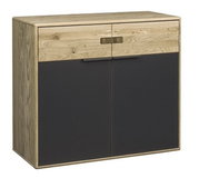 Moderne Kommode mit Holzoptik und dunklen Türen, frontal abgebildet