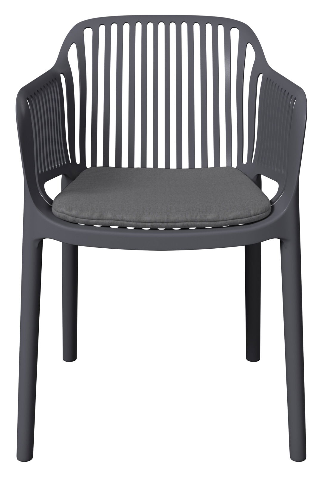 Moderner grauer Stapelsessel mit Armlehnen und gepolstertem Sitzkissen, Vorderansicht