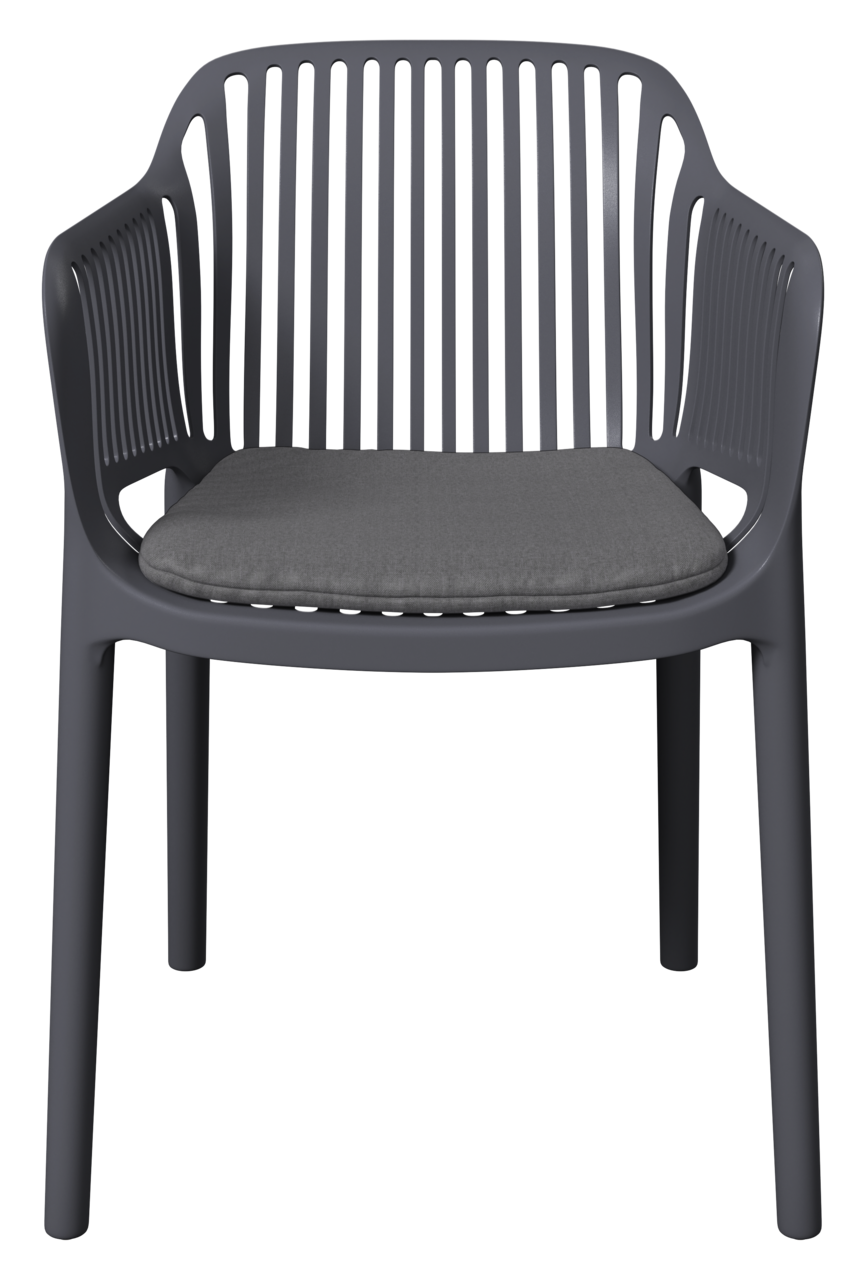 Moderner grauer Stapelsessel mit Armlehnen und gepolstertem Sitzkissen, Vorderansicht