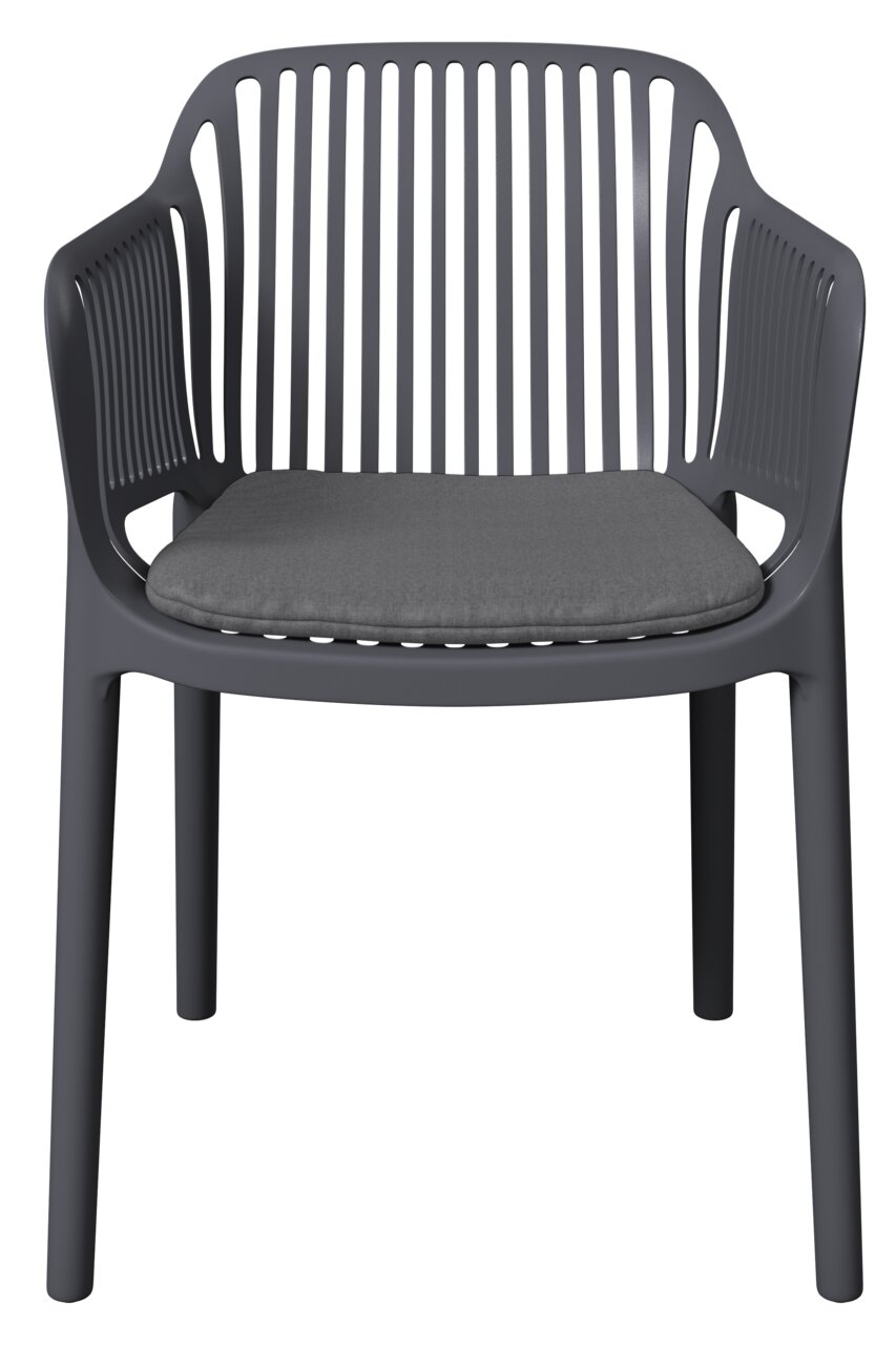 Moderner grauer Stapelsessel mit Armlehnen und gepolstertem Sitzkissen, Vorderansicht