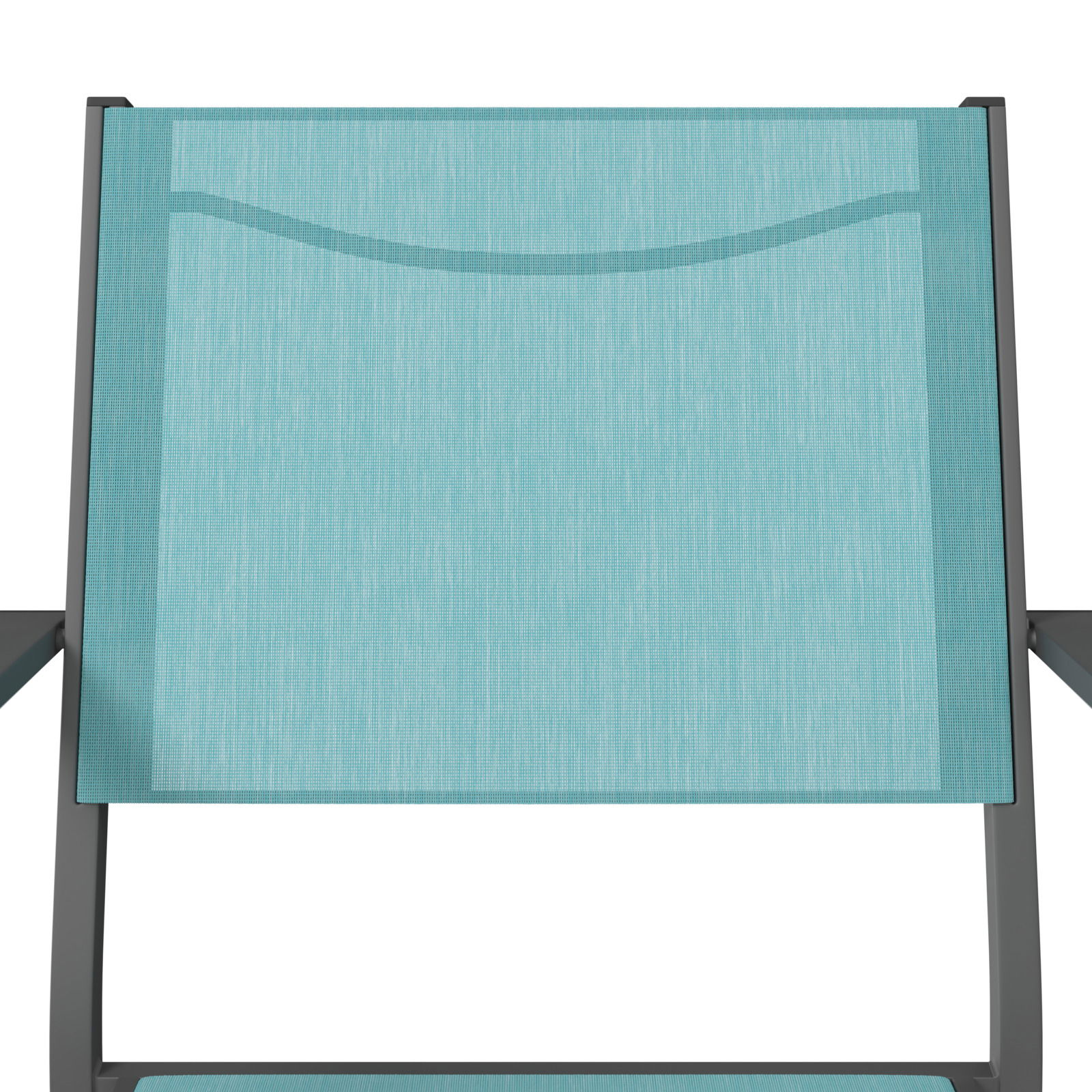 Vorderansicht eines türkisfarbenen Stapelsessels mit schwarzem Rahmen.