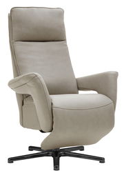 Beiger Relaxsessel mit hoher Rückenlehne und Armlehnen, seitliche Perspektive