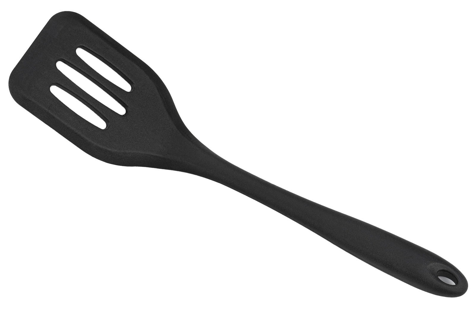 Schwarzer, gelochter Silikon-Pfannenwender in seitlicher Perspektive
