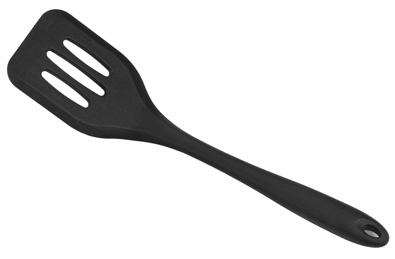 Justinus Pfannenwender, gelocht Silikon Schwarzer, gelochter Silikon-Pfannenwender in seitlicher Perspektive