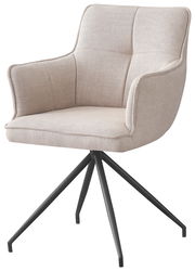 Beiger Armlehnstuhl mit schwarzem Metallgestell, seitliche Perspektive