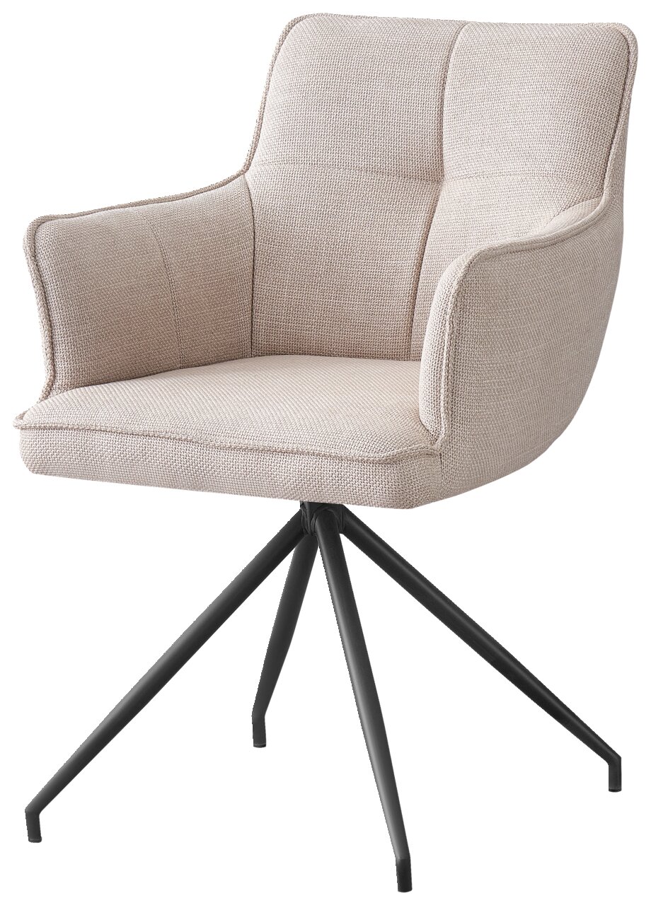 Beiger Armlehnstuhl mit schwarzem Metallgestell, seitliche Perspektive