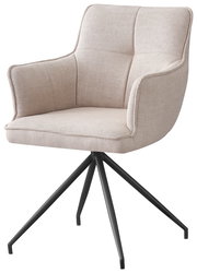 Beiger Armlehnstuhl mit schwarzem Metallgestell, seitliche Perspektive