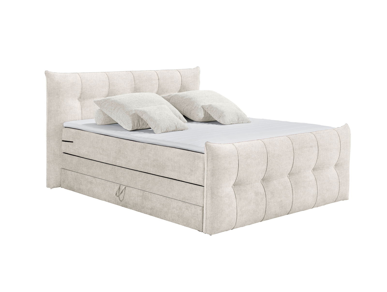 Elegantes Boxspringbett in hellem Stoffbezug mit zwei Kissen, seitliche Perspektive