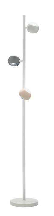 Moderne Stehleuchte mit drei verstellbaren Lampenschirmen in verschiedenen Farben, seitliche Perspektive