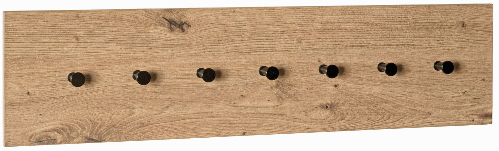 XORA Wandkapstok PARMA Wandgarderobe aus Holz mit sieben schwarzen Haken, seitliche Perspektive