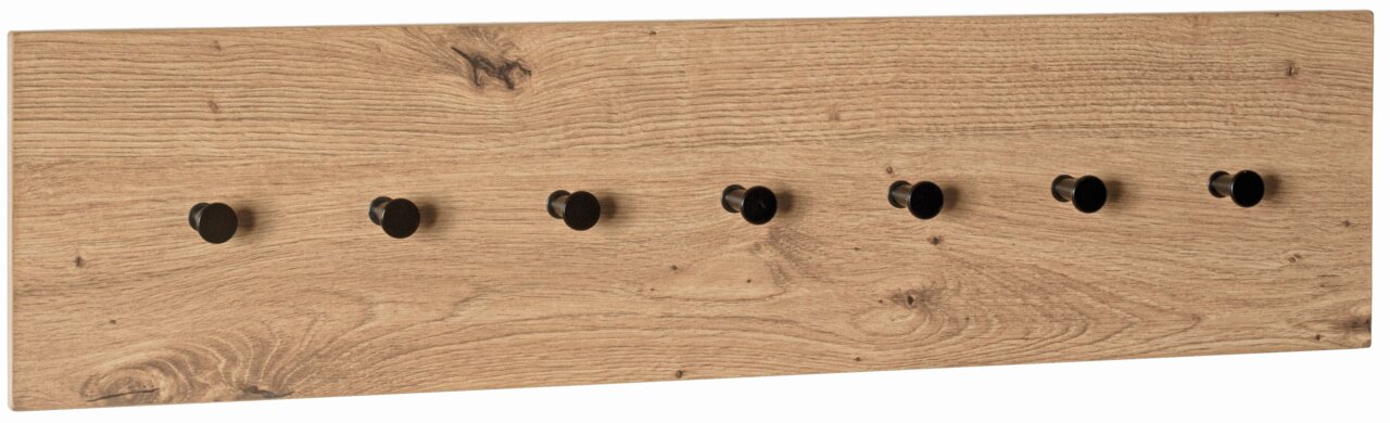 Wandgarderobe aus Holz mit sieben schwarzen Haken, seitliche Perspektive