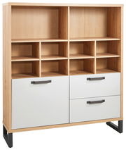 Multifunktionsregal aus Holz mit offenen Fächern und Schubladen, Frontalansicht