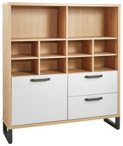 Multifunktionsregal aus Holz mit offenen Fächern und Schubladen, Frontalansicht