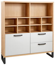 Multifunktionsregal aus Holz mit offenen Fächern und Schubladen, Frontalansicht